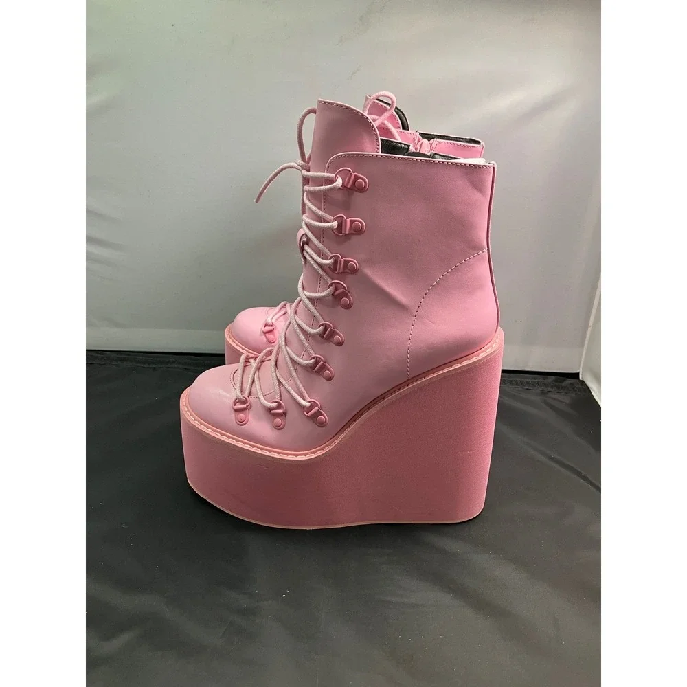 Dolls Kill Current Mood Pink Platform Wedge Lace Ankle Boots Womens 8M Zip Boots